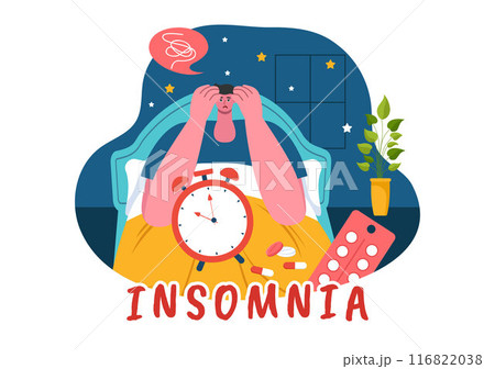 Insomnia Vector Illustration Featuring Young People Unable to Sleep, Lying Awake and Thinking with Eyes Open at Night in a Bedroom in Flat Cartoon Insomnia Vector Illustration Featuring Young People Unable to Sleep, Lying Awake and Thinking with Eyes Open at Night in a Bedroom in Flat Cartoon 116822038