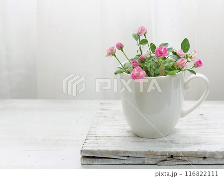 白いカップにピンクのミニ薔薇 116822111