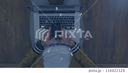 Image of connections and currency symbols over biracial man using smartphone 116822128