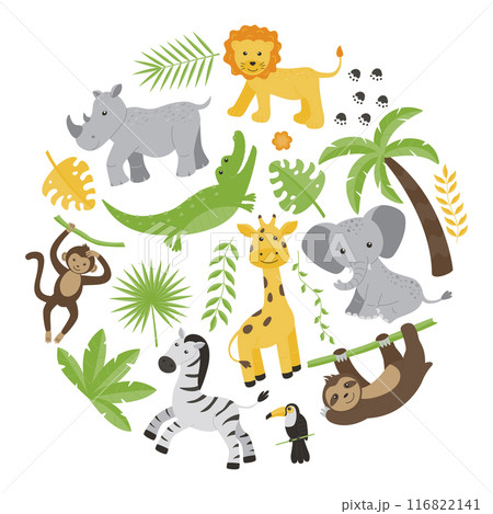 Childrens background. Jungle animals and plants in a circle. Vector illustration in a flat style. 116822141