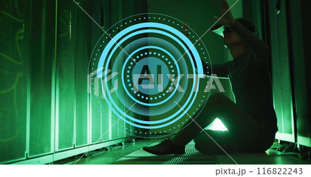 Image of ai data processing over asian man using vr headset and computer server Image of ai data processing over asian man using vr headset and computer server 116822243