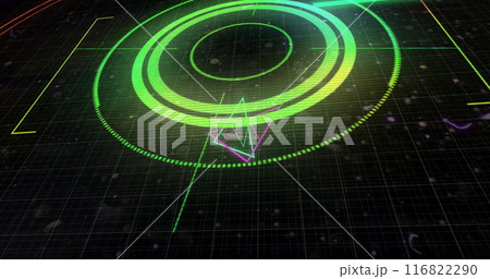 Image of colourful neon triangles over circular scanner and networks on black background Image of colourful neon triangles over circular scanner and networks on black background 116822290