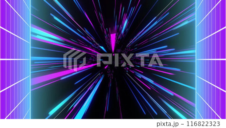 Image of side grids over strobing blue and pink neon light beams on black background Image of side grids over strobing blue and pink neon light beams on black background 116822323