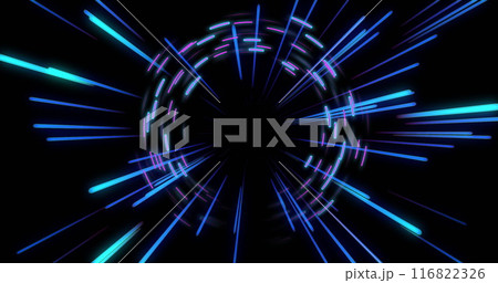 Image of strobing pink and blue light beams over rotating pink and blue lights on black 116822326