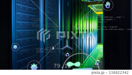 Image of eco icons and data processing over computer servers Image of eco icons and data processing over computer servers 116822342