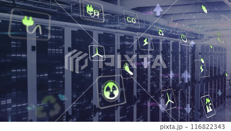 Image of eco icons and data processing over computer servers 116822343