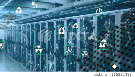 Image of eco icons and data processing over computer servers 116822352