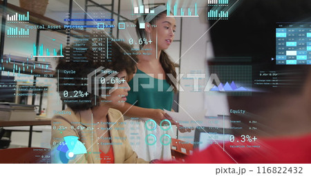 Image of financial data processing over diverse business people in office Image of financial data processing over diverse business people in office 116822432