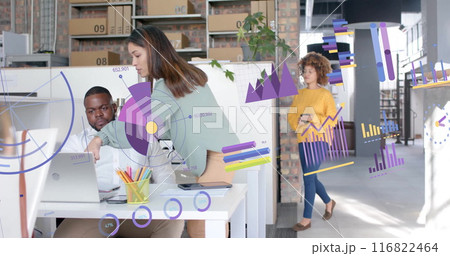 Image of financial data processing over diverse business people in office 116822464