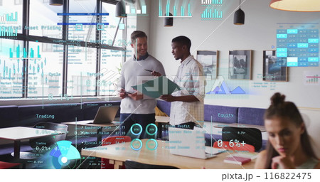 Image of financial data processing over diverse business people in office Image of financial data processing over diverse business people in office 116822475