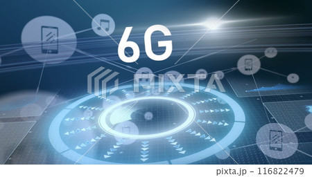 Image of 6g text, network of connections with icons and data processing 116822479