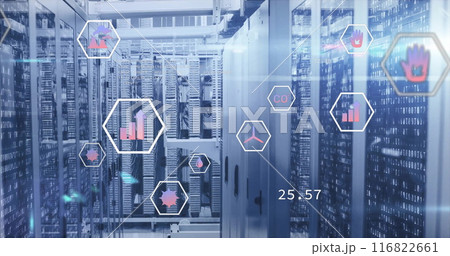 Image of eco icons and digital data processing over computer servers Image of eco icons and digital data processing over computer servers 116822661