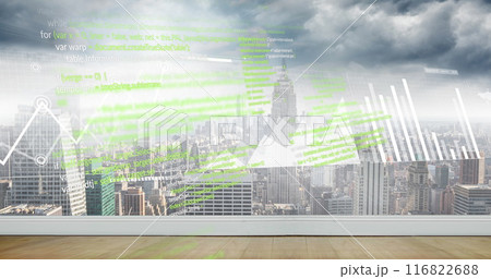 Image of charts and processing data over cloudy cityscape 116822688