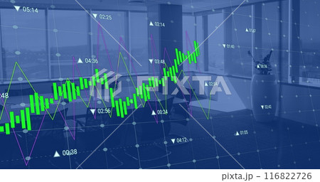 Image of financial data processing over empty office Image of financial data processing over empty office 116822726