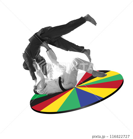 Two men, karate athletes in kimonos competing on multicolored platform against white background. Creative design. Art collage. Two men, karate athletes in kimonos competing on multicolored platform against white background. Creative design. Art collage. 116822727