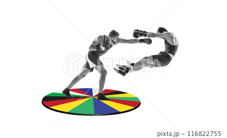 Powerful punches. Athletic, muscular, strong men, boxers in motion, fighting on multicolor platform against white background. Art collage. Powerful punches. Athletic, muscular, strong men, boxers in motion, fighting on multicolor platform against white background. Art collage. 116822755