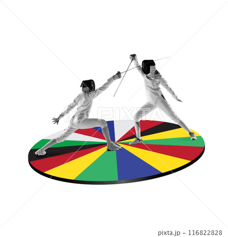 Two female fencing athletes in uniform and protective masks in motion, practicing dancing on round platform of multicolored flags. Creative design. Art collage. Two female fencing athletes in uniform and protective masks in motion, practicing dancing on round platform of multicolored flags. Creative design. Art collage. 116822828