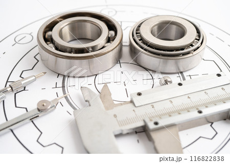 Engineering tools and mechanical industrial with vernier caliper and metal ball bering. 116822838