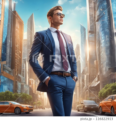 Confident businessman in a futuristic cityscape 116822913