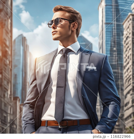 Confident businessman in a futuristic cityscape Confident businessman in a futuristic cityscape 116822966