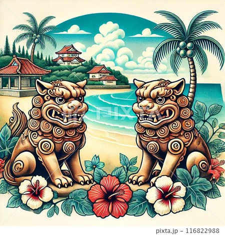 沖縄の海とシーサー 116822988