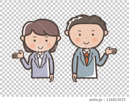 説明、案内をする若い男女会社員の上半身イラスト 説明、案内をする若い男女会社員の上半身イラスト 116823035