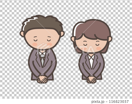 Upper body illustration of a young male and female office worker bowing and apologizing 116823037