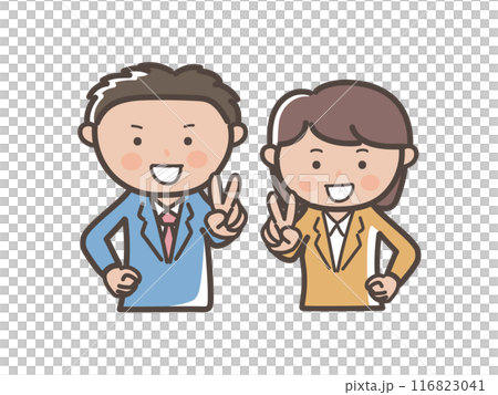 Upper body illustration of young male and female office workers making a peace sign with a smile 116823041