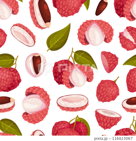 Lychee Tropical Fruit Seamless Pattern Design with Raw Juicy Berry Vector Template 116823067