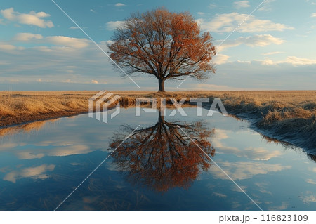 Peaceful and serene mood, with the tree standing alone in the middle of the water 116823109