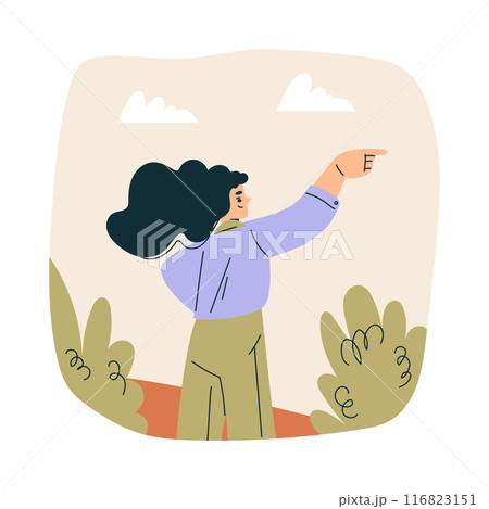 Look to Future with Woman Character Point Finger View Horizon Vector Illustration 116823151