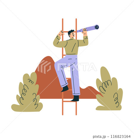 Look to Future with Man Character Climb Ladder with Telescope View Horizon Vector Illustration 116823164