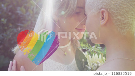 Image of rainbow heart over diverse female couple embracing Image of rainbow heart over diverse female couple embracing 116823519