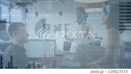 Image of financial data processing over diverse business people in office 116823573