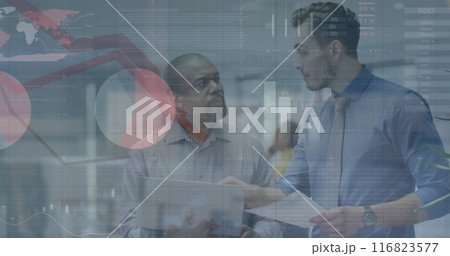 Image of financial data processing over diverse business people in office Image of financial data processing over diverse business people in office 116823577