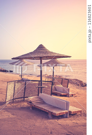 A tranquil beach with sun loungers and umbrellas at sunset, color toning applied, Marsa Alam region, Egypt. 116823601