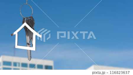 Image of silver house key over cityscape Image of silver house key over cityscape 116823637