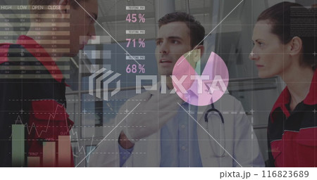 Image of financial data processing over diverse doctors in hospital 116823689