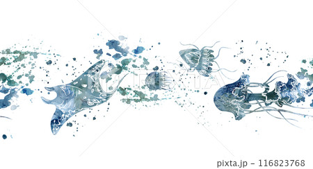 Watercolor and ink hand drawn marine life, sea ocean underwater creatures. fish, shells algae seaweed. Seamless banner illustration, stylized, isolated on white. For zoo shop, aquarium, fabric decor 116823768