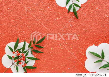 紅白の和紙に南天の葉と万両の赤い実の和風背景 116823771