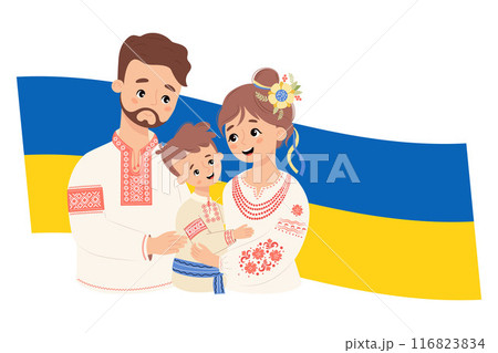 Happy Ukrainian family. Cute man, woman and and son in traditional clothes embroidered shirt vyshyvanka against background of yellow-blue flag. Independence Day of Ukraine. Vector illustration. 116823834