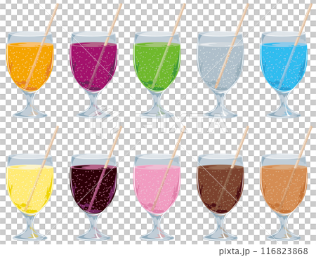 帶有吸管/帶有軟糖的玻璃杯中果汁的插圖圖示集 帶有吸管/帶有軟糖的玻璃杯中果汁的插圖圖示集 116823868