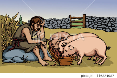 Vector drawing. A sad man and pigs 116824087