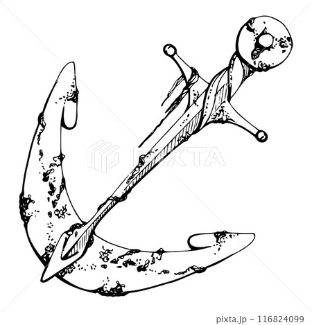 Ship anchor rusted shipwreck with algae, Marine life, sea ocean underwater, Ink and pen sketch hand drawn. Single object illustration stylized, isolated on white. Zoo shop, aquarium, cosmetics, resort Ship anchor rusted shipwreck with algae, Marine life, sea ocean underwater, Ink and pen sketch hand drawn. Single object illustration stylized, isolated on white. Zoo shop, aquarium, cosmetics, resort 116824099
