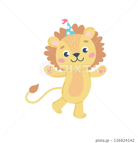 Cute lion for children wearing a party hat. Birthday greetings. Vector illustration Cute lion for children wearing a party hat. Birthday greetings. Vector illustration 116824142
