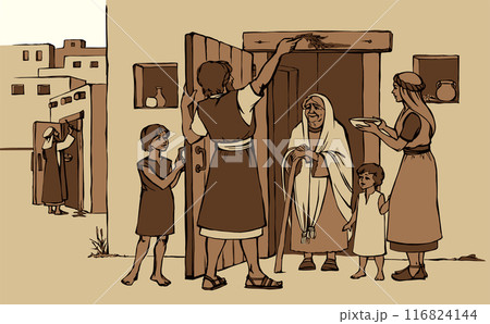 Vector drawing. The family fulfills God's command. Anoints the doorposts with the blood of the lamb 116824144
