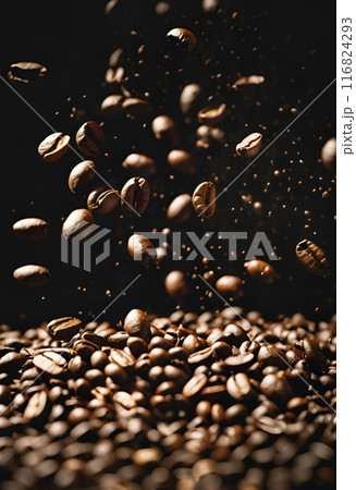 黒背景に振ってくる大量の焙煎したコーヒー豆 黒背景に振ってくる大量の焙煎したコーヒー豆 116824293