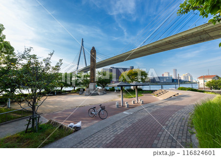 大阪、天保山公園からの夕景、天保山大橋、5月17日、日本 大阪、天保山公園からの夕景、天保山大橋、5月17日、日本 116824601