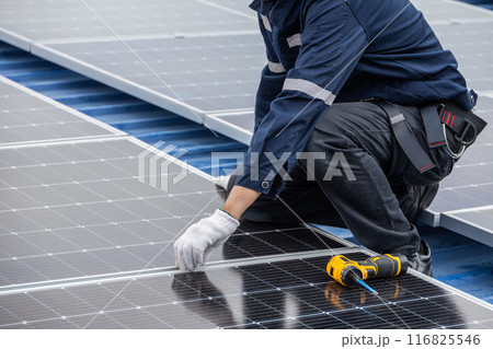Professional Engineer Service Solar Panel. Worker Maintenance Cleaning Replacing Solar Panel. Solar photovoltaic panel system in Industry roof. Saving Energy with Clean Power. 116825546