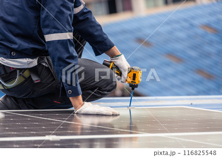 Professional Engineer Service Solar Panel. Worker Maintenance Cleaning Replacing Solar Panel. Solar photovoltaic panel system in Industry roof. Saving Energy with Clean Power. 116825548
